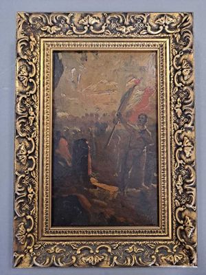 un vieux tableau représentant un homme tenant un drapeau, dans un cadre doré