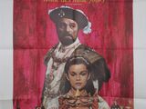 une vieille affiche de cinéma représentant un homme et une femme sur fond rouge