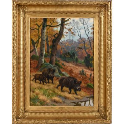 un tableau représentant trois sangliers dans une zone boisée près d'un ruisseau