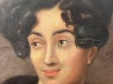 an oil painting of a woman in a black dress with a fur collar
