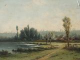 une peinture d'un paysage avec une rivière au premier plan
