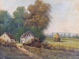 painting of a farm scene with a hay bale in the foreground and a house in the background