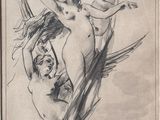 an old drawing of a woman and a child in a bathrobe