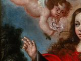 an image of a painting of a woman with angels above her