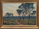 an image of a painting of trees and a dirt road in a field