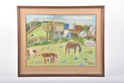 a picture of a painting of horses in a field