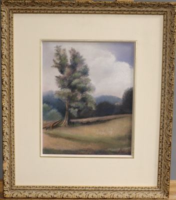 tableau représentant un arbre solitaire dans un champ, avec un banc au premier plan