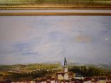 an oil painting of a town with a church in the background