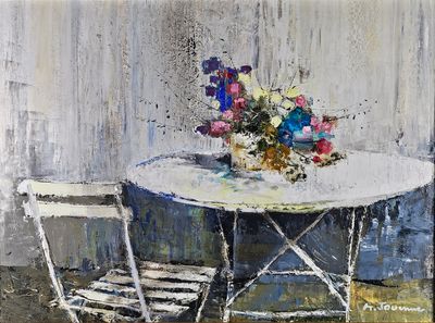 un tableau représentant une table avec des chaises et un vase de fleurs posé dessus