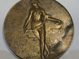 a close up of a gold medal with a woman holding a basket