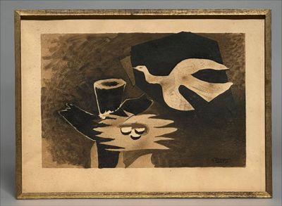 an image of a painting of a bird with a hat and a pipe