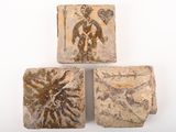 trois pièces de poterie antique ornées de motifs sur un fond blanc