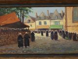 an oil painting of a street scene with people walking down the street