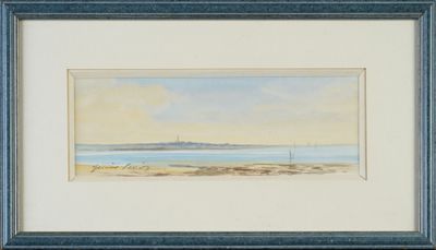 an image of a painting of a beach scene with a lighthouse in the distance