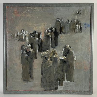 a painting of a group of people walking down the street