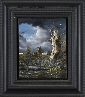 a painting of a dead tree in the middle of a field
