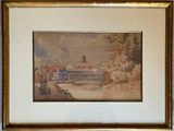 framed picture of a painting of a village scene with a horse drawn carriage