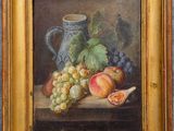 peinture d'une nature morte de fruits et d'un pichet sur une table
