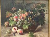 a painting of a basket of fruit on a table