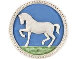 une image représentant un cheval blanc sur un fond bleu et vert