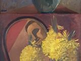 two paintings of flowers in vases on a table