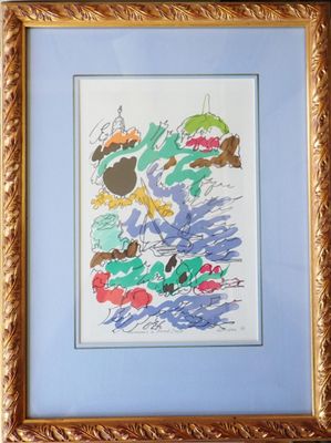 tableau dans un cadre doré, sur fond bleu, représentant un oiseau
