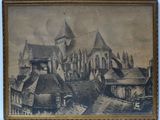 an old picture of a large building with a clock tower in the middle of it