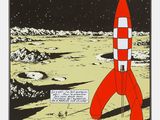 une image représentant une fusée rouge sur la Lune, surmontée d'une bande dessinée