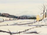 tableau représentant un paysage hivernal avec une ferme au premier plan