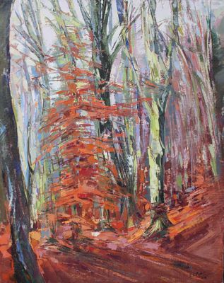 an oil painting of a path through a forest in autumn