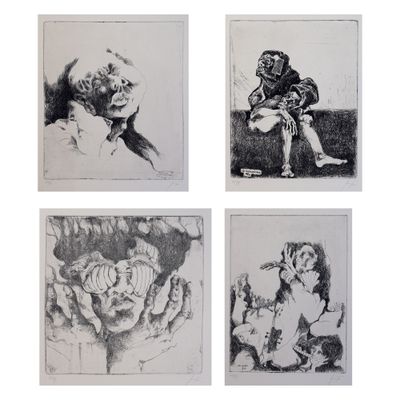 quatre dessins en noir et blanc représentant des personnes assises sur un canapé