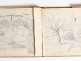 an old book with a drawing of a landscape on it