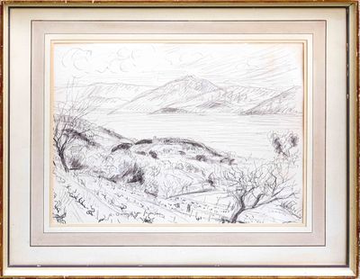 dessin au crayon représentant un paysage avec des montagnes en arrière-plan