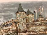 a picture of a painting of a castle by the water