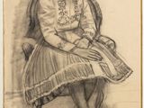 un vieux dessin représentant une femme assise sur une chaise, coiffée d'un chapeau