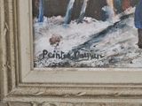 a picture of a painting of a man and a dog in the snow
