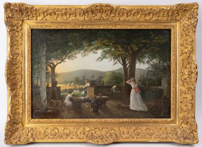 une peinture à l'huile représentant une femme en robe blanche et un homme au chapeau rouge