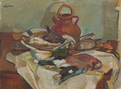 un tableau représentant une table sur laquelle se trouve un saladier rempli de poissons