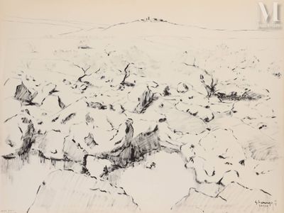 une image représentant un dessin d'une montagne avec des rochers au premier plan