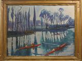 un tableau représentant deux personnes dans un canoë sur l'eau
