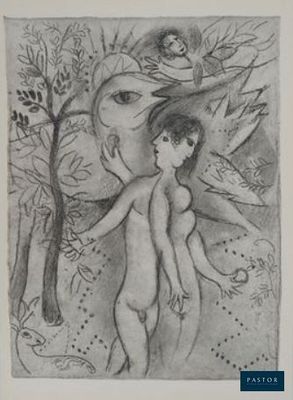 un dessin en noir et blanc représentant deux nus dans une forêt