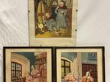 trois photos encadrées représentant des personnes dans un salon ; l'une d'elles est une femme et l'autre un homme