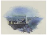 painting of a man sitting on a bench overlooking the ocean