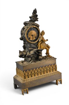 a clock that is sitting on a stand on a white surface