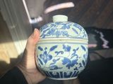 une personne tenant un vase bleu et blanc à la main