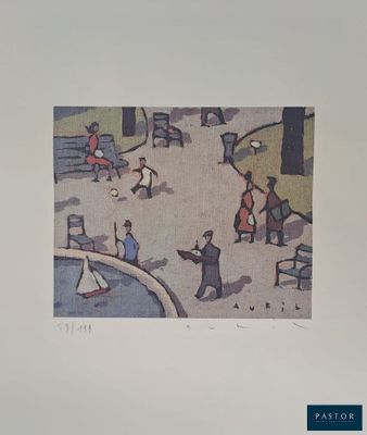 a picture of a painting of people walking in a park