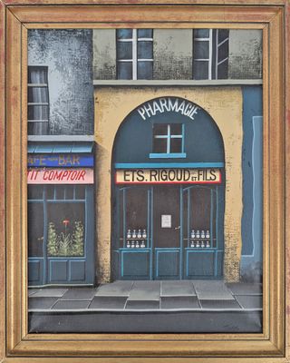 peinture représentant un bâtiment avec une devanture de magasin et une enseigne sur laquelle on peut lire « Fishguardies »