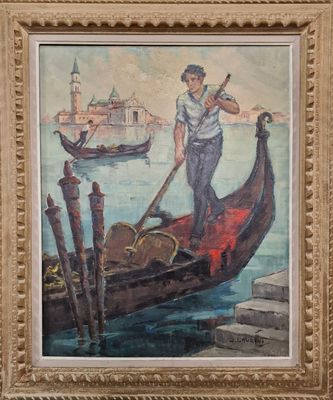 tableau représentant un homme sur une gondole, avec un bateau en arrière-plan