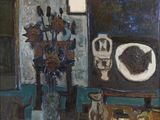 une peinture représentant un vase avec des fleurs sur une table