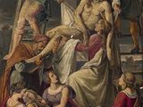 un tableau représentant un groupe de personnes sur une échelle
